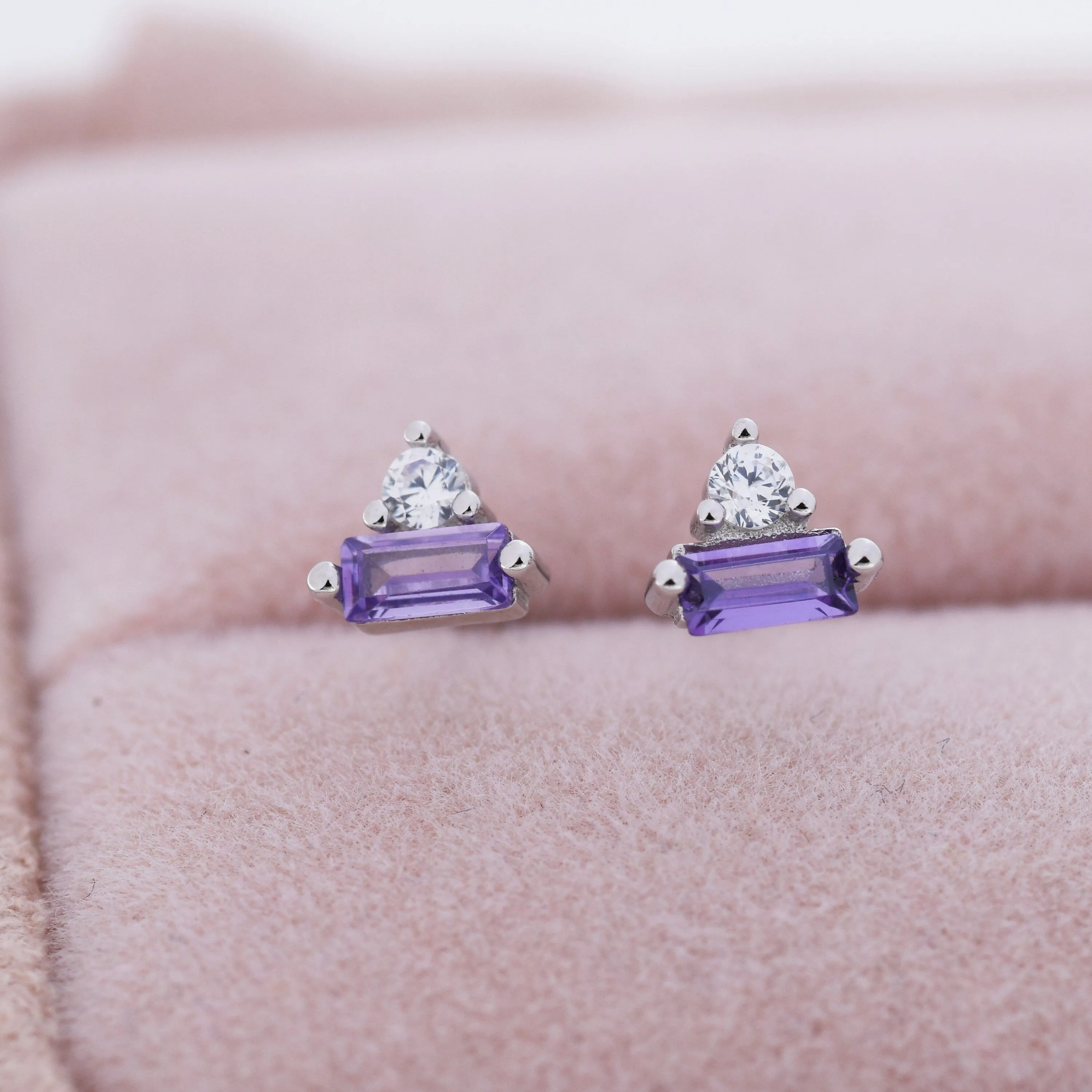 Lilac Purple Baguette and Round CZ Stud Earrings in Sterling Silver, Silver or Gold, Geometric CZ Cluster Earrings, Stacking Earrings