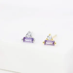 Lilac Purple Baguette and Round CZ Stud Earrings in Sterling Silver, Silver or Gold, Geometric CZ Cluster Earrings, Stacking Earrings