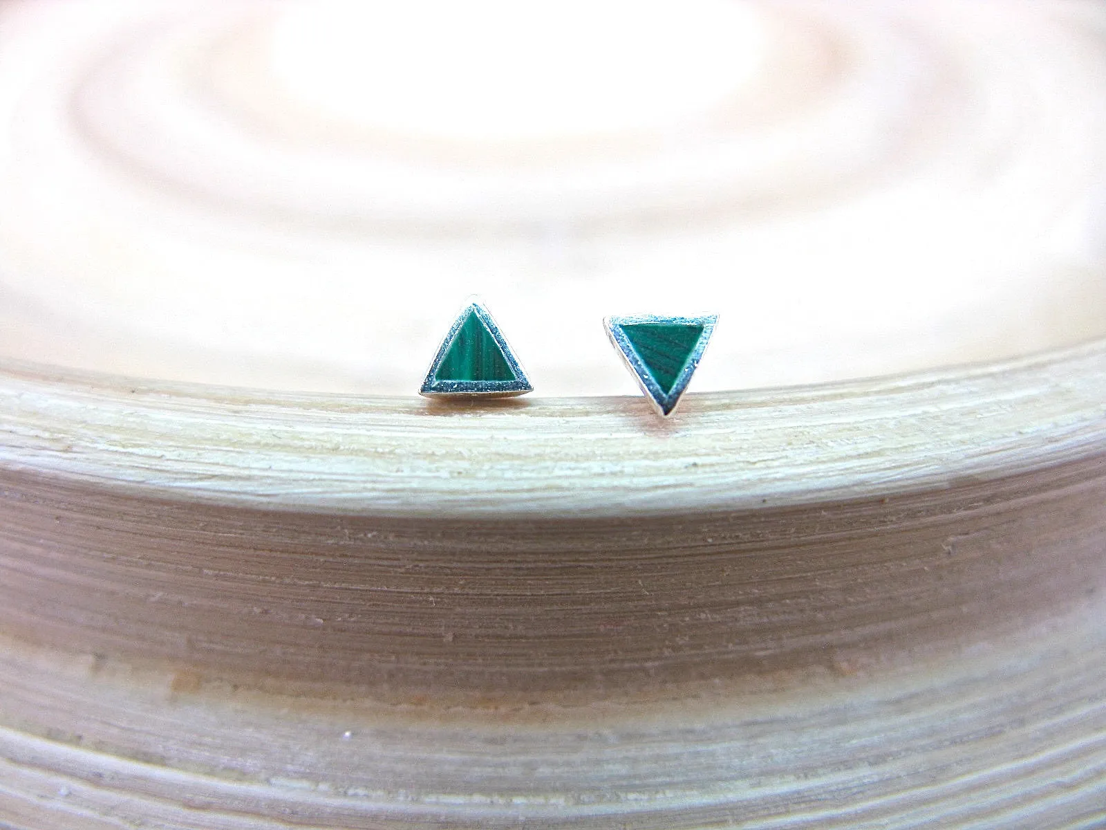 Malachite 3mm Tiny Triangle Stud Earrings in 925 Sterling Silver
