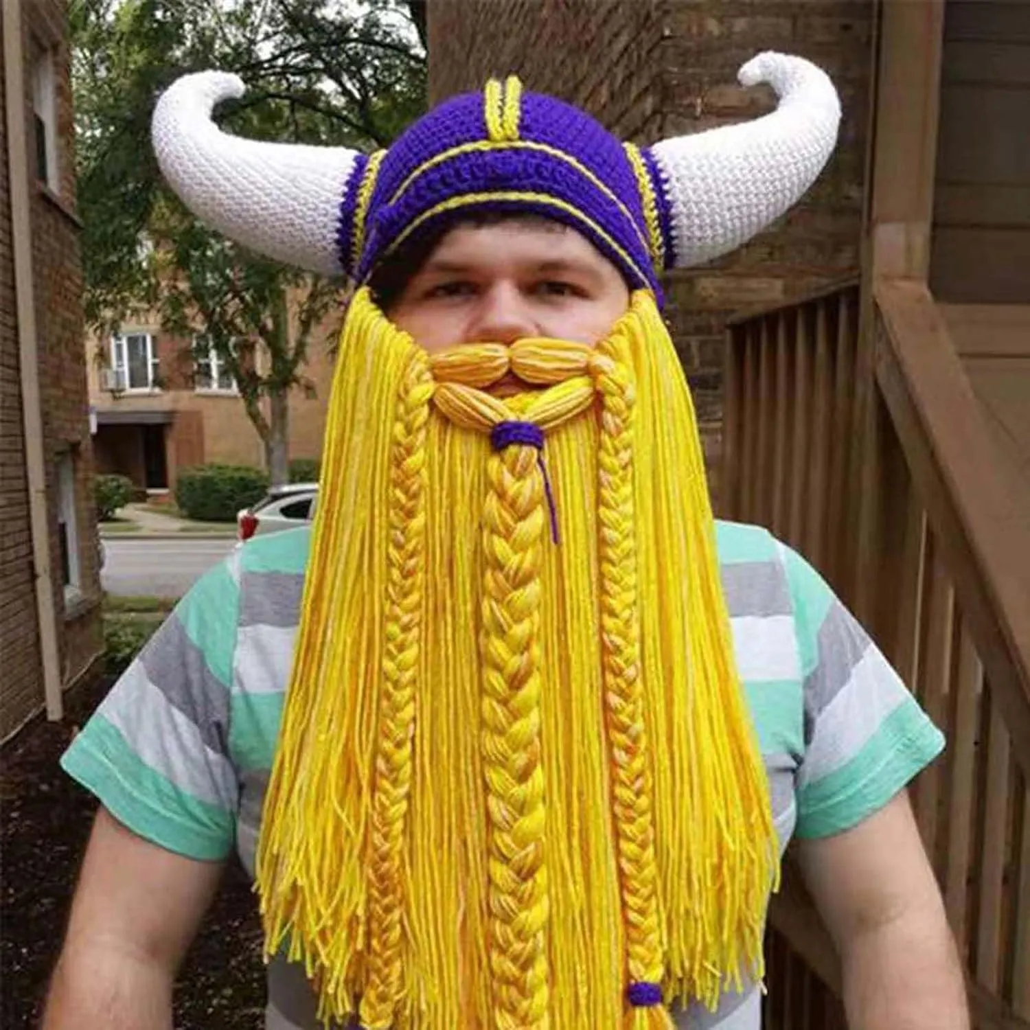 Men's Head Barbarian Vagabond Beanie Long Beard Viking Knit Hat Bull Horn Handmade Knit Warm Ski Cap Funny Party hat
