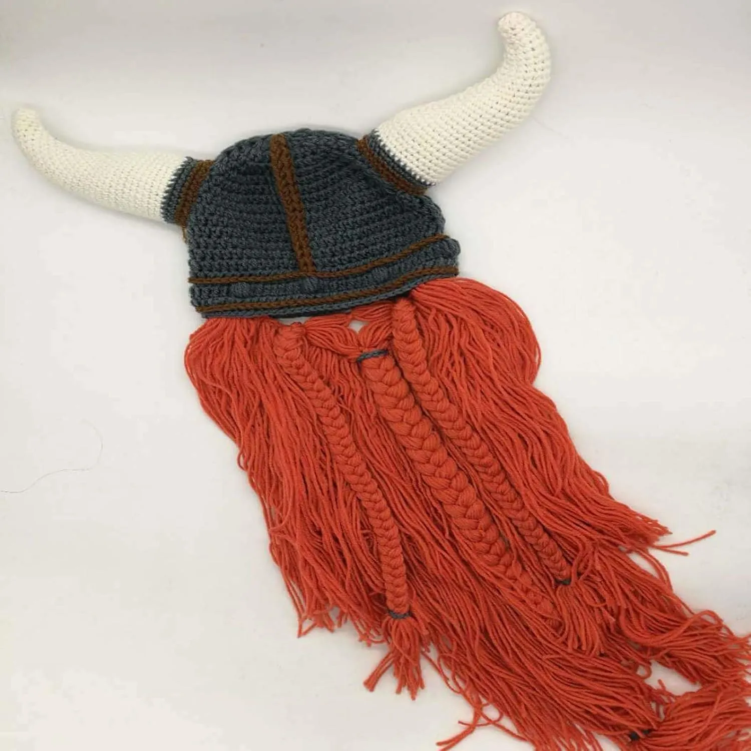 Men's Head Barbarian Vagabond Beanie Long Beard Viking Knit Hat Bull Horn Handmade Knit Warm Ski Cap Funny Party hat