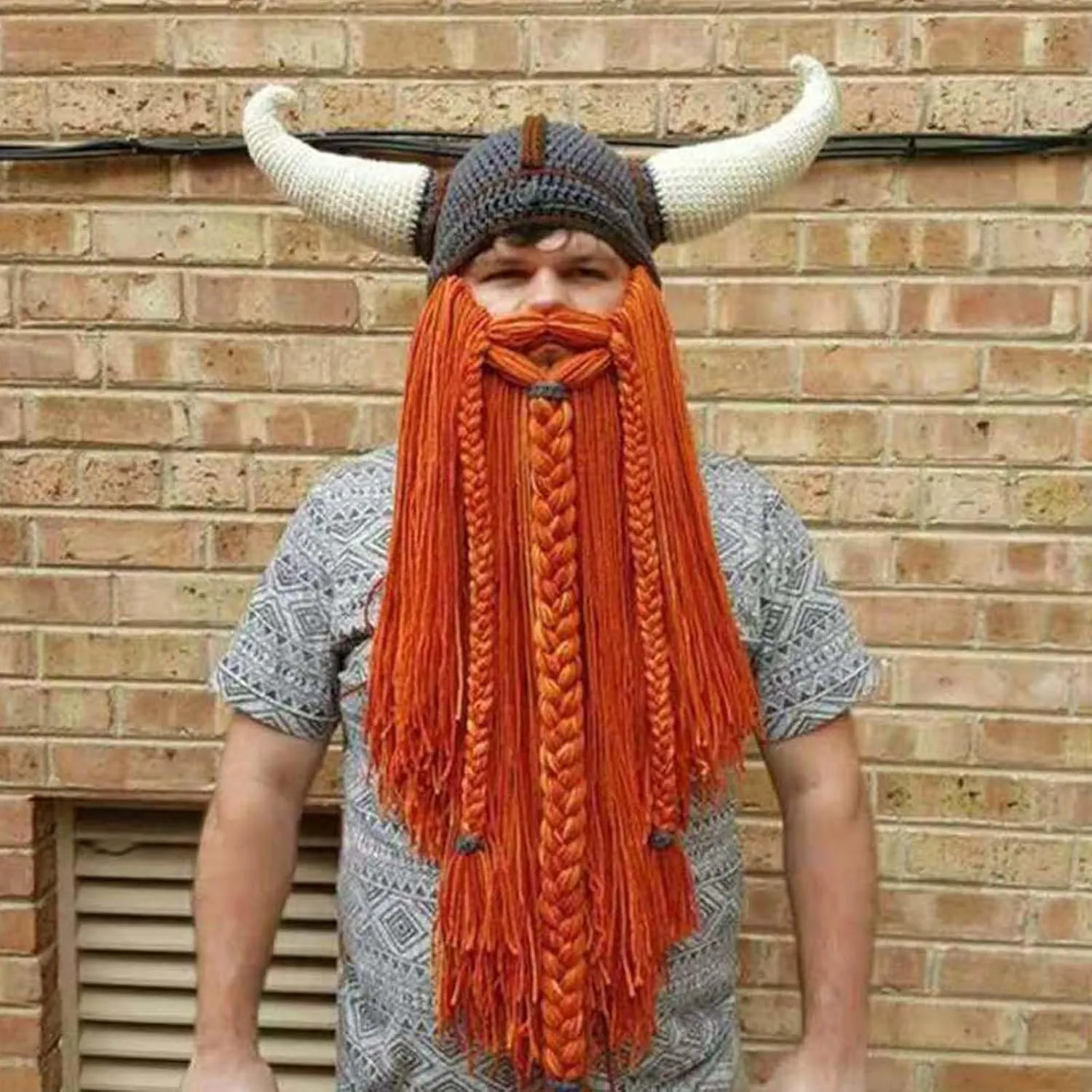 Men's Head Barbarian Vagabond Beanie Long Beard Viking Knit Hat Bull Horn Handmade Knit Warm Ski Cap Funny Party hat