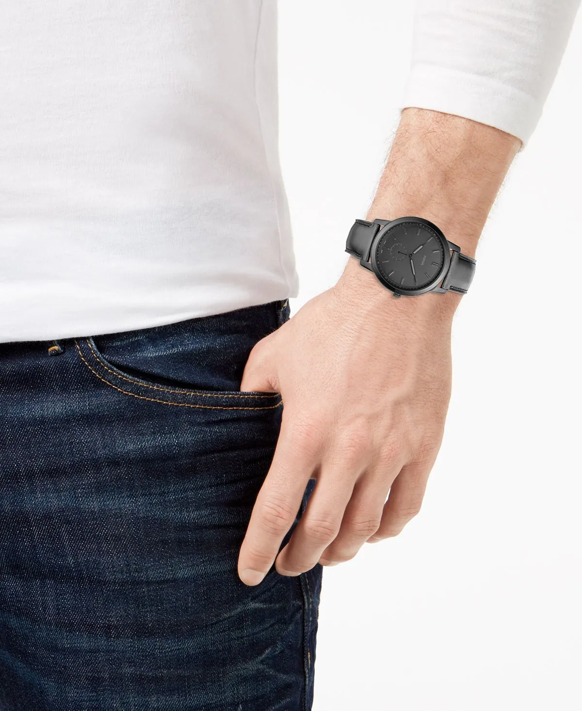 Men's Minimalist Watch with Black Leather Strap, 44mm Fossil