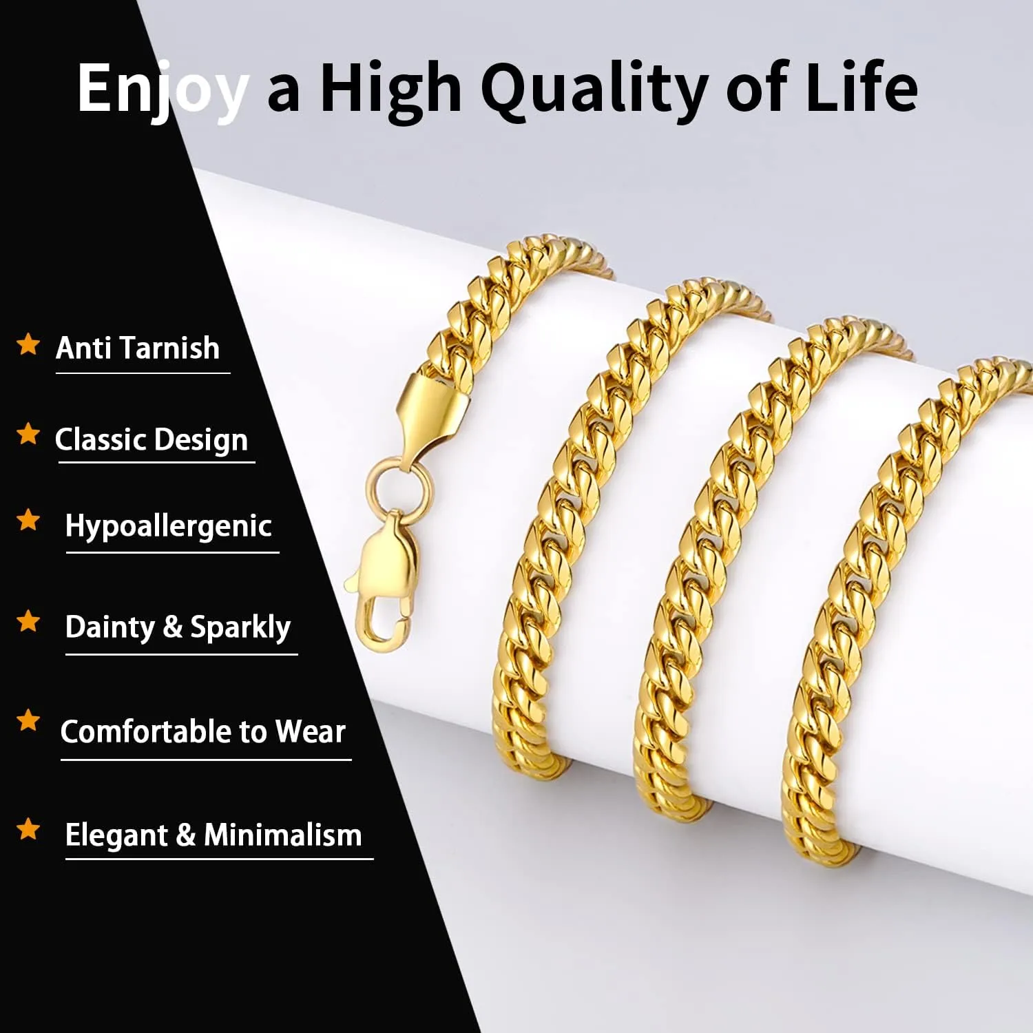 Momlovu Gold Chain Silver Chain for Men Boys, 4mm/6mm Non-Tarnish 18K Gold-Plated Cuban Link Chain, Cool Men's Necklace Chain 18/20/22/24/26 Inch, Durable Lobster Clasp