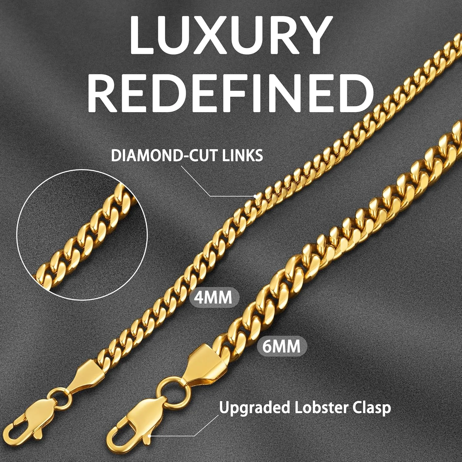 Momlovu Gold Chain Silver Chain for Men Boys, 4mm/6mm Non-Tarnish 18K Gold-Plated Cuban Link Chain, Cool Men's Necklace Chain 18/20/22/24/26 Inch, Durable Lobster Clasp