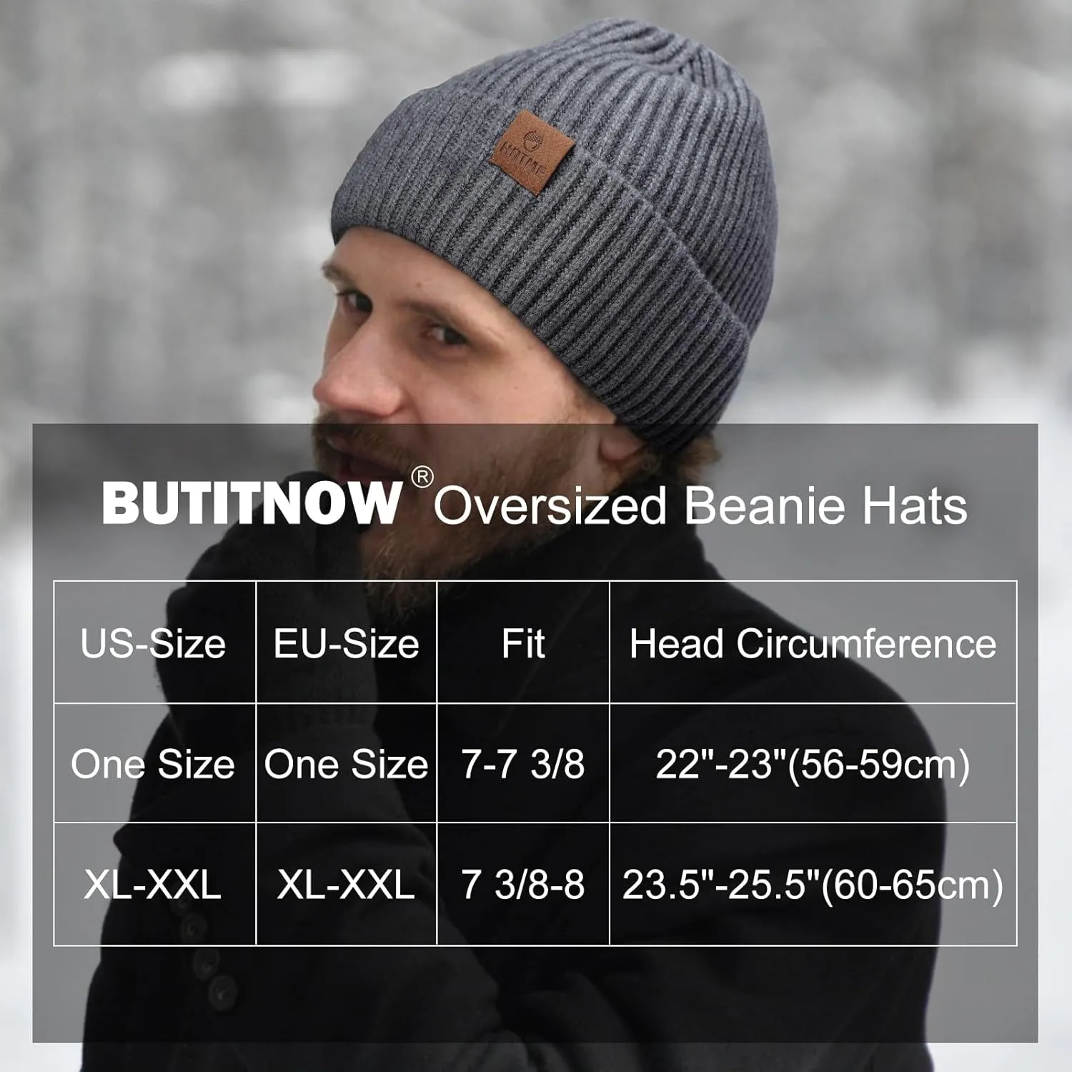 Oversize XXL Winter Beanie Knit Hat for Men - Daily Knit Ribbed Cap - Warm Toboggan Skull Caps for Cold Weather