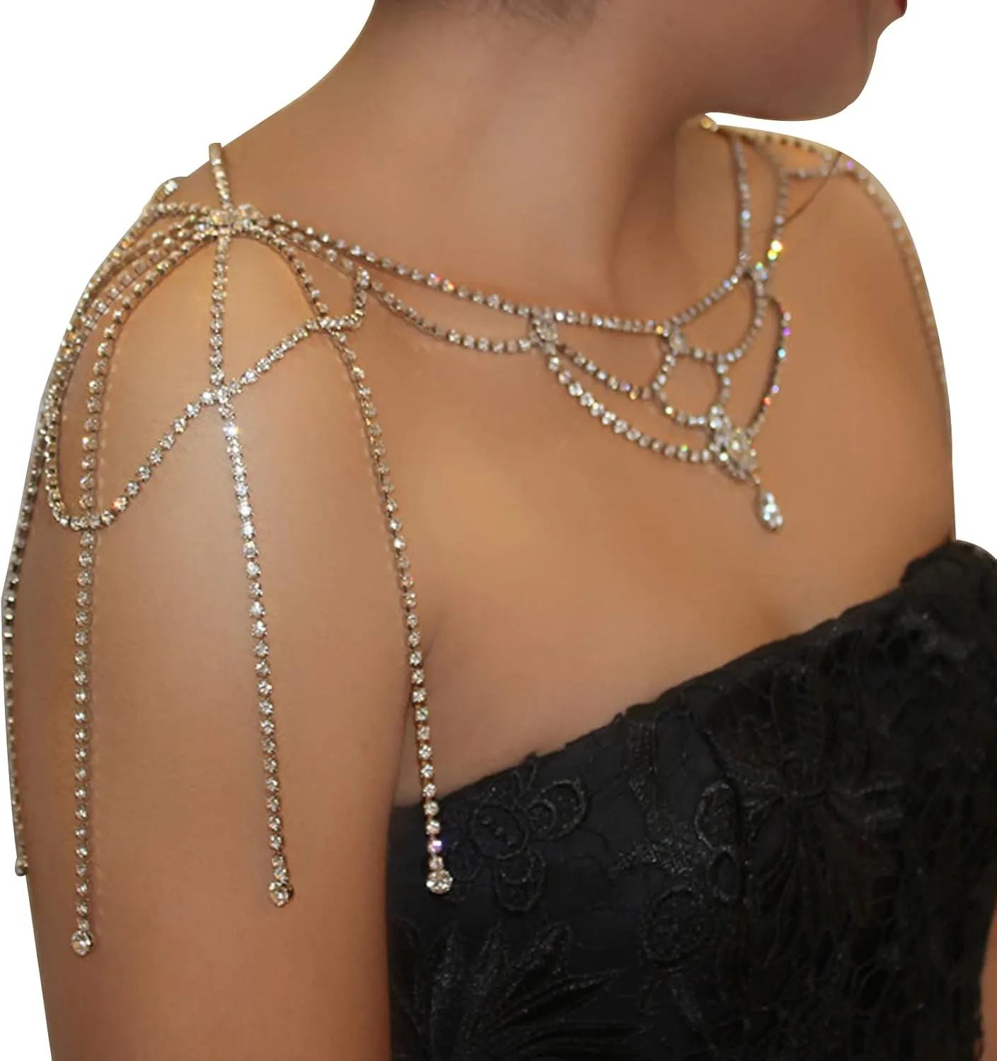 Rhinestone Tassel Wedding Backdrop Chain - Crystal Flower Shoulder Chain Necklace - Bridal Multi-Layered Body Chain Jewelry for Women