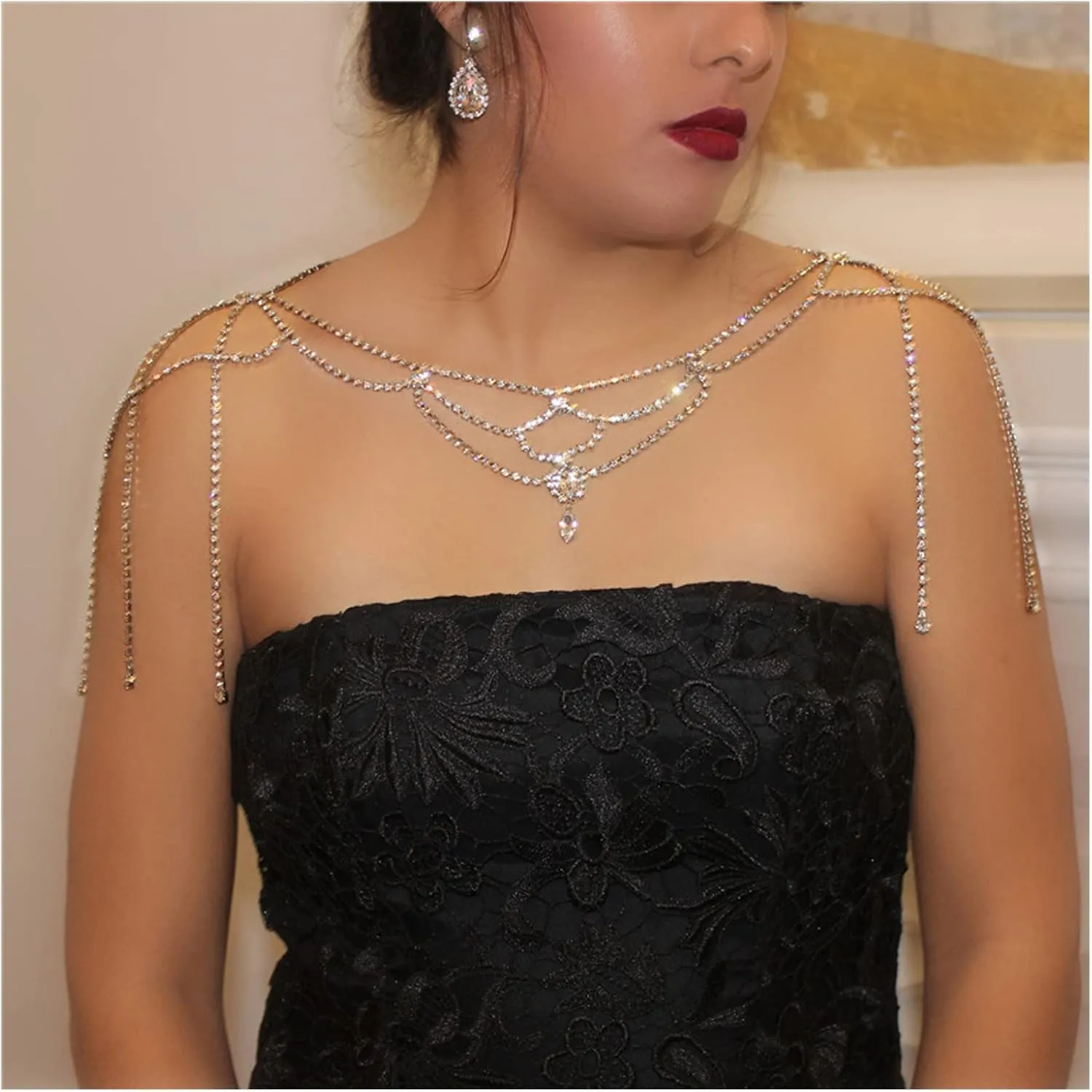 Rhinestone Tassel Wedding Backdrop Chain - Crystal Flower Shoulder Chain Necklace - Bridal Multi-Layered Body Chain Jewelry for Women