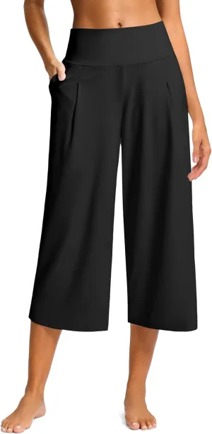 SANTINY Capri Pants for Women Wide Leg Yoga Casual Cropped Pants with Pockets Loose Tummy Control High Waist Capris