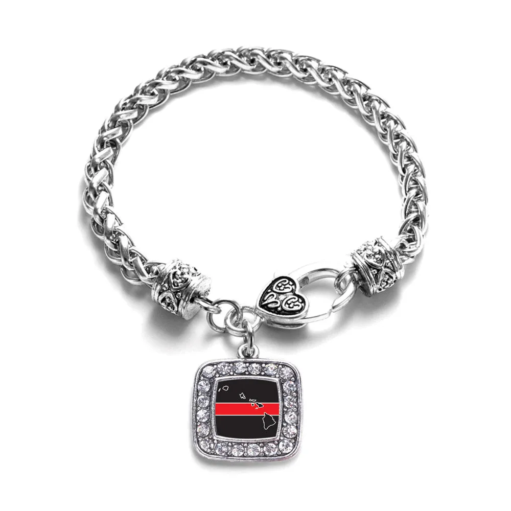 Silver Hawaii Thin Red Line Square Charm Braided Bracelet