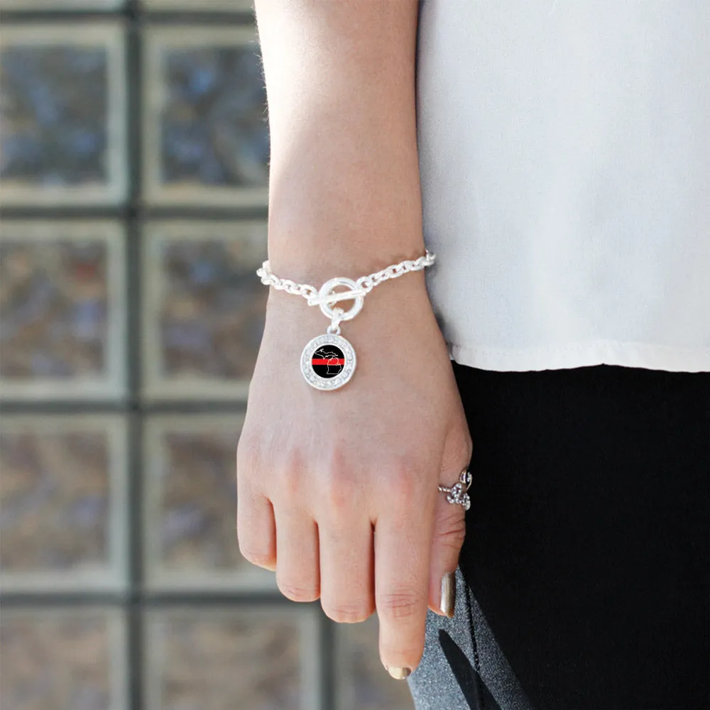 Silver Michigan Thin Red Line Circle Charm Toggle Bracelet
