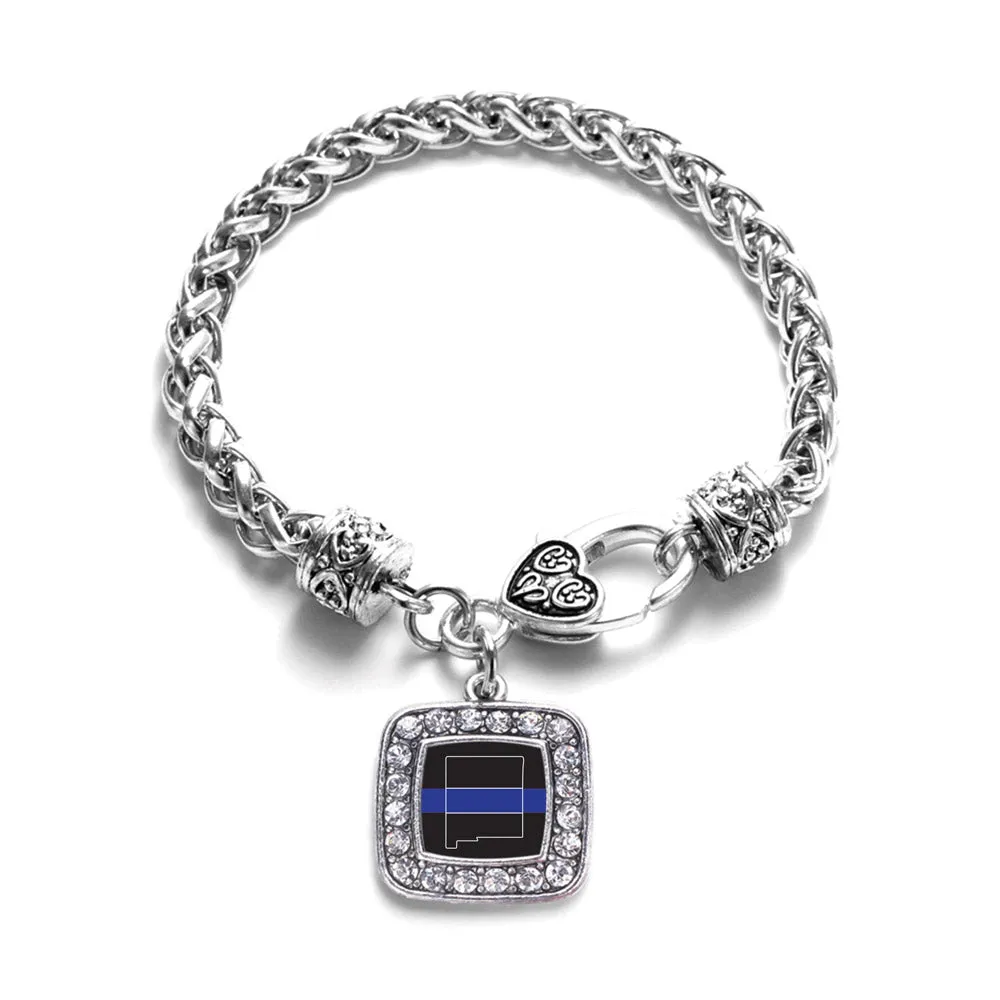 Silver New Mexico Thin Blue Line Square Charm Braided Bracelet