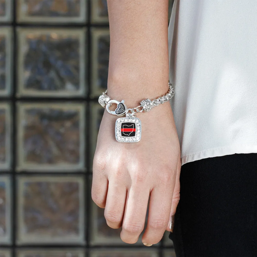 Silver Ohio Thin Red Line Square Charm Braided Bracelet