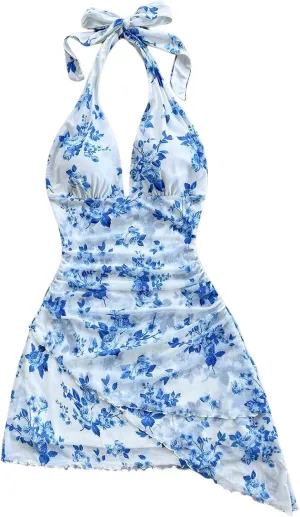 SOLY HUX Women's Sexy Leopard Print Halter V Neck Mini Dress Retro Backless Fitted Bodycon Dresses