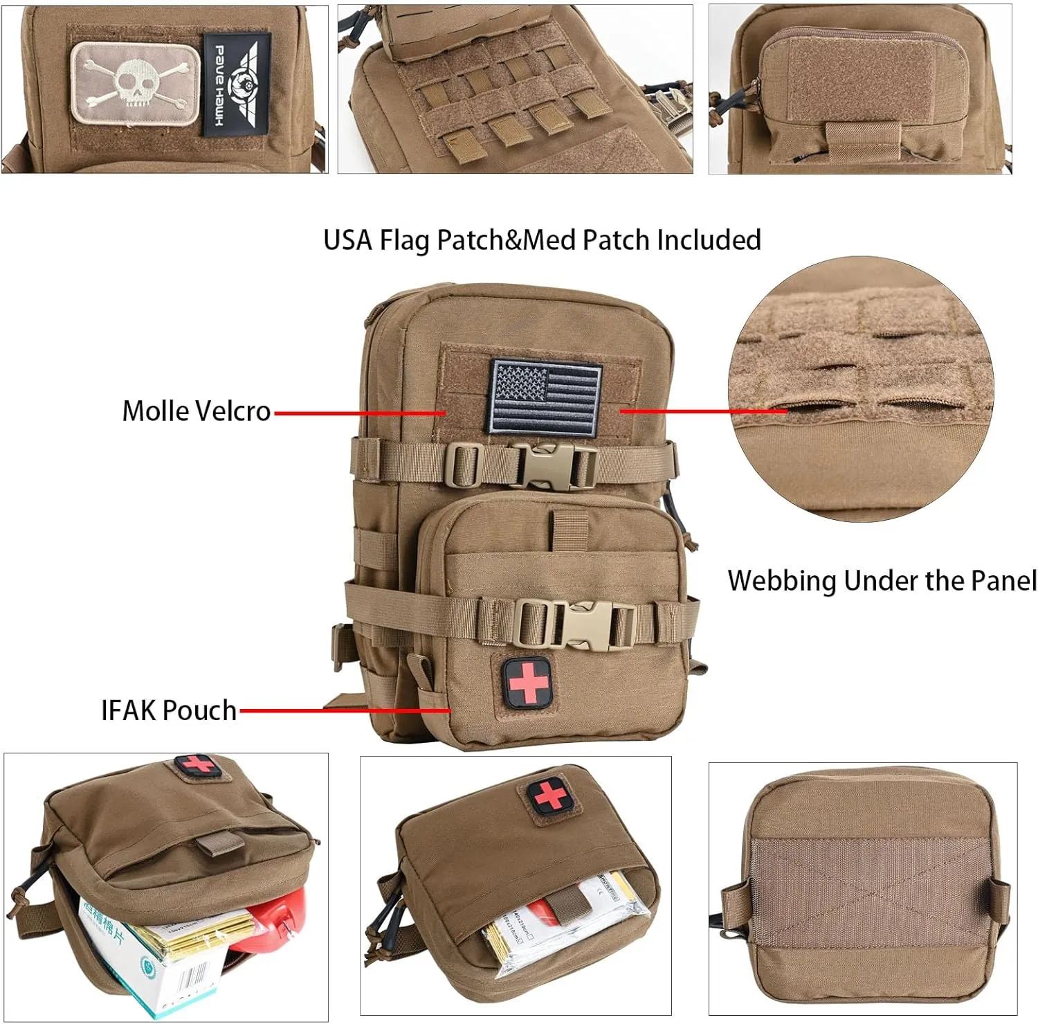 Tactical Mini Molle Hydration Pack,Molle Hydration Carrier with IFAK Pouch&US Flag&Med Patch,Hydropack for 2L Water Bladder