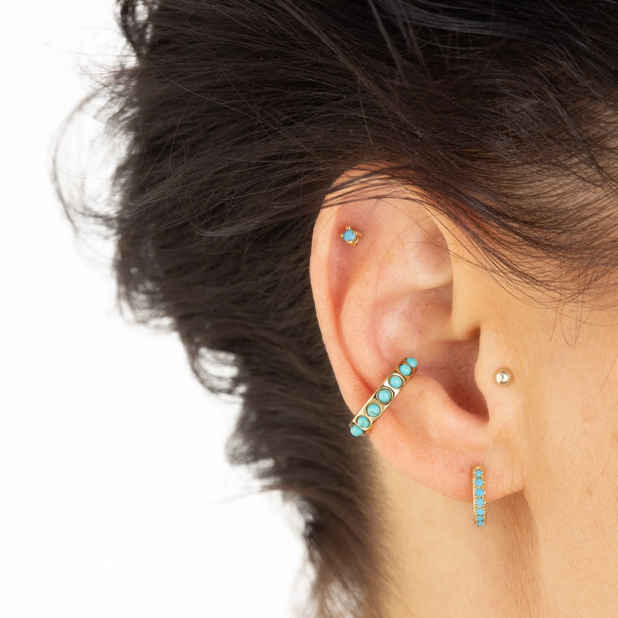 Turquoise Stone Huggie and Tiny Stud Set of Earrings