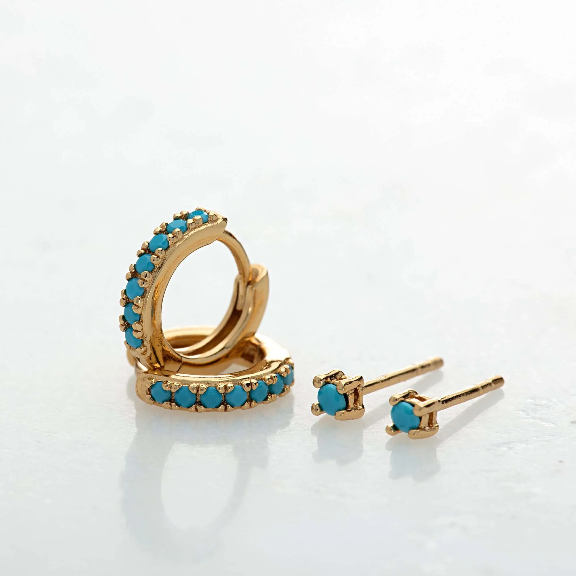Turquoise Stone Huggie and Tiny Stud Set of Earrings