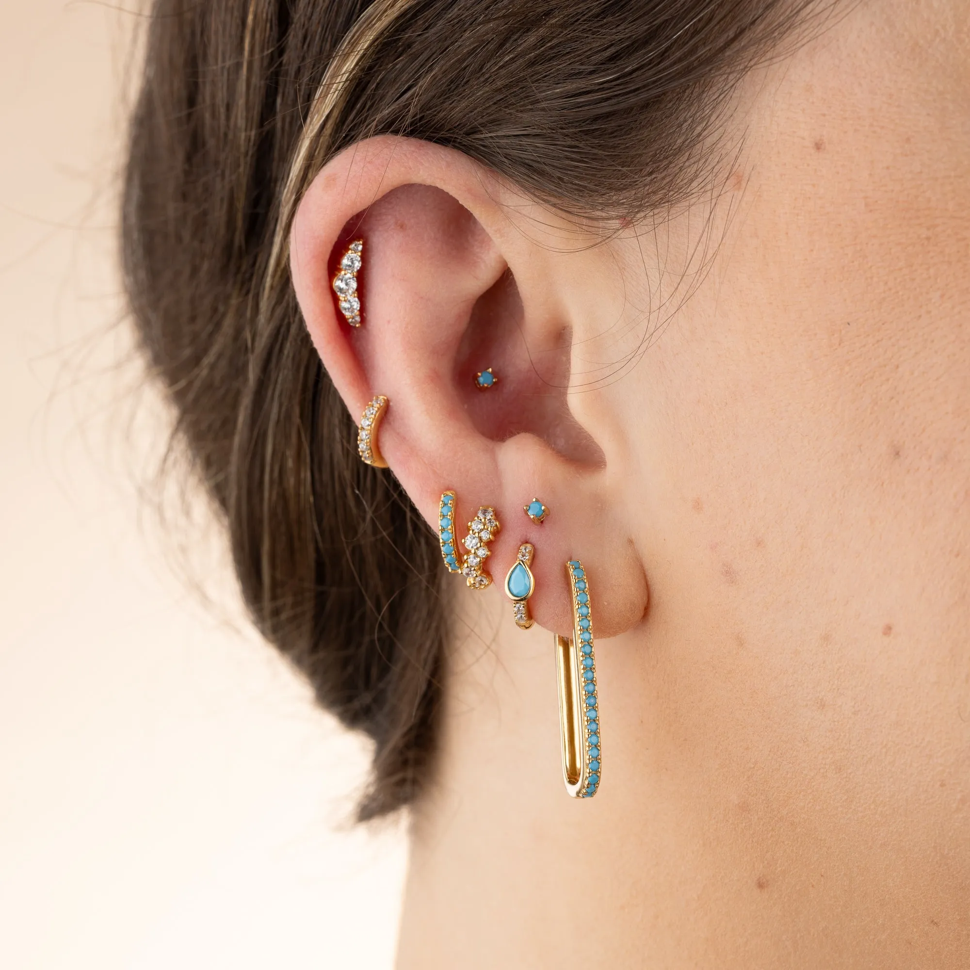Turquoise Stone Huggie and Tiny Stud Set of Earrings