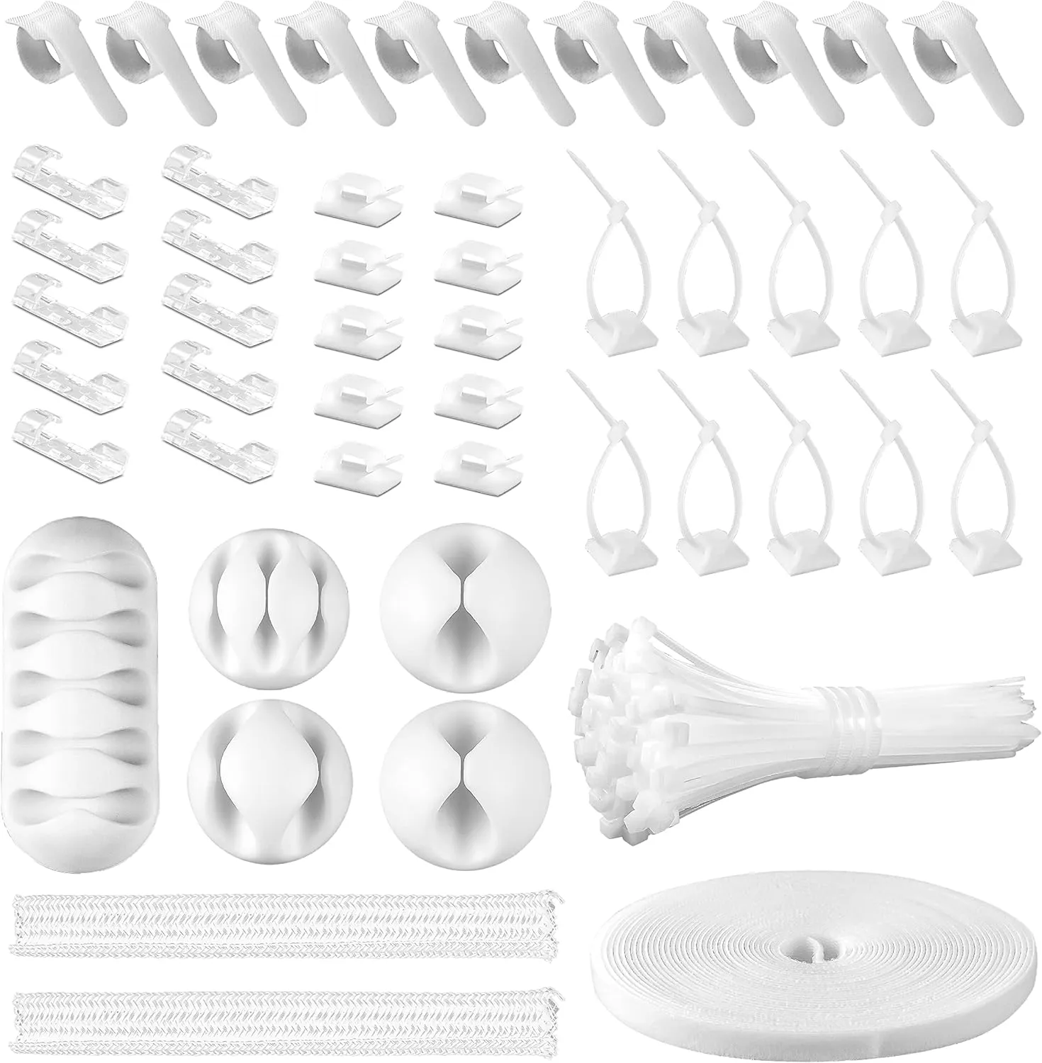 White Cable Management Organizer Kit, 2 Wire Sleeve Protector, 41 Self Adhesive Cable Clips Holder, 10pcs 2 Roll Reusable Cable Ties and 100 Cable Zip Ties for TV Computer Cord Tidy Under Desk