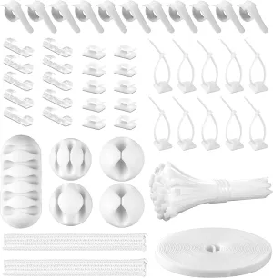 White Cable Management Organizer Kit, 2 Wire Sleeve Protector, 41 Self Adhesive Cable Clips Holder, 10pcs 2 Roll Reusable Cable Ties and 100 Cable Zip Ties for TV Computer Cord Tidy Under Desk