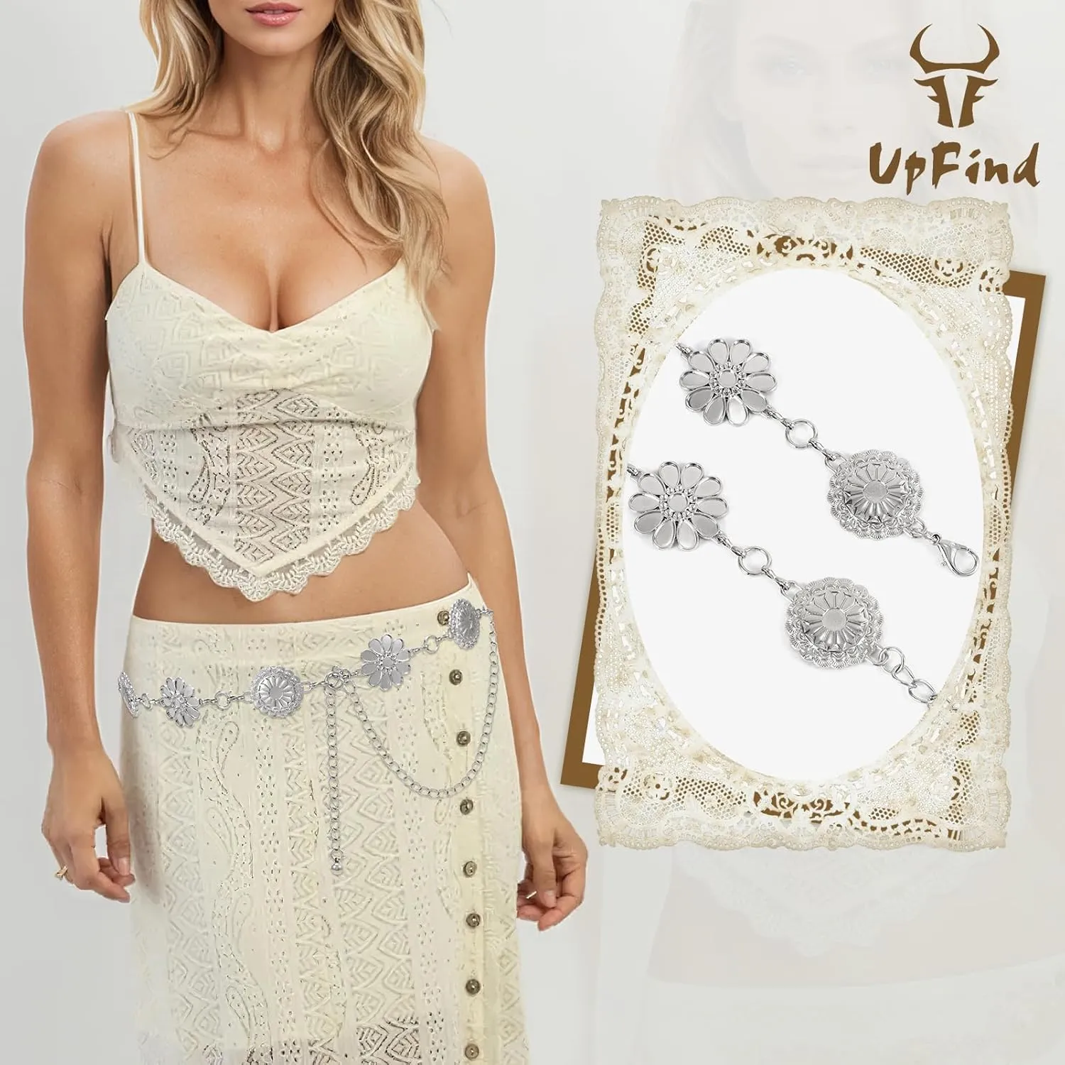 Women Western Metal Chain Belt Concho Belt Cowgirl Waist Link for Jeans Dresses Concert Boho