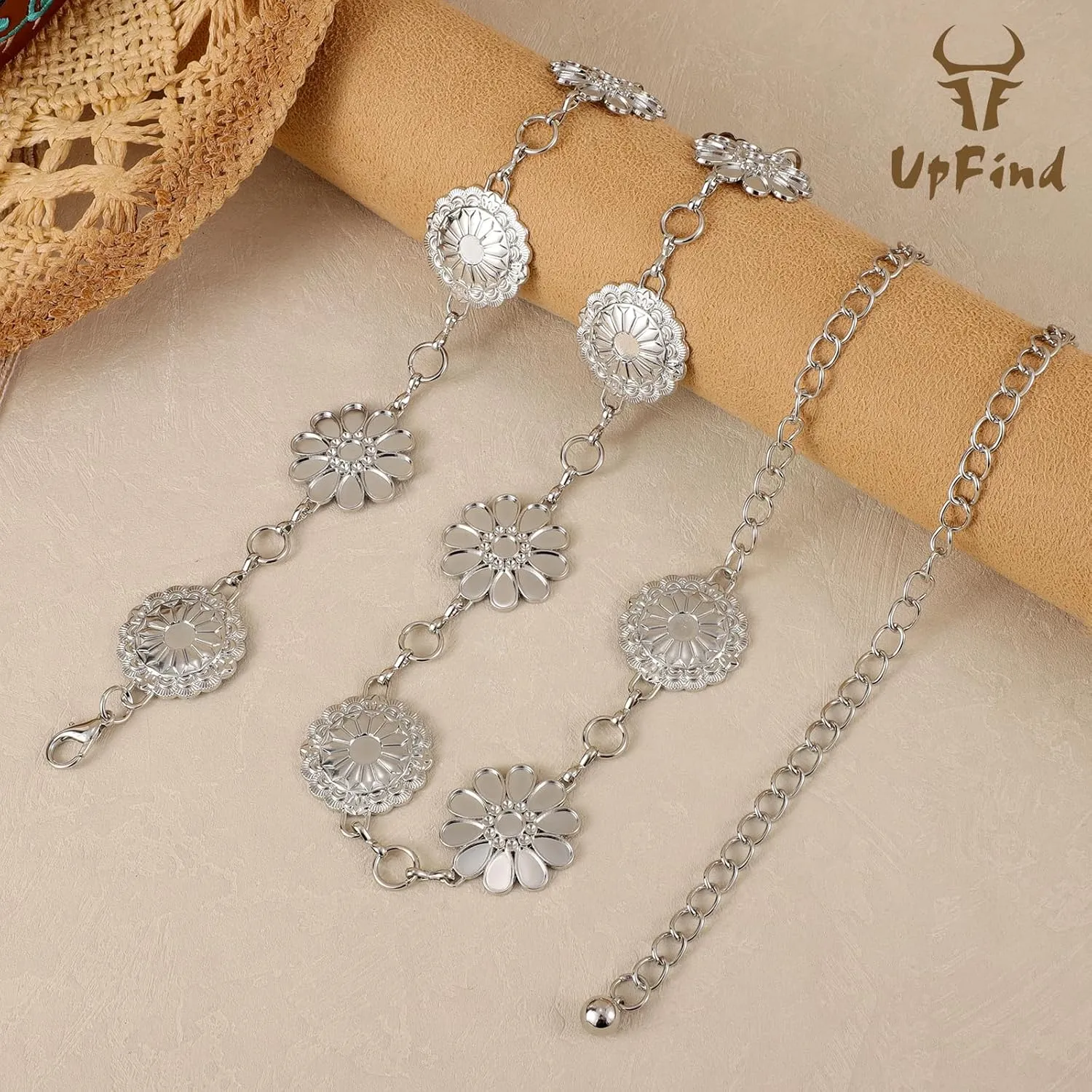 Women Western Metal Chain Belt Concho Belt Cowgirl Waist Link for Jeans Dresses Concert Boho