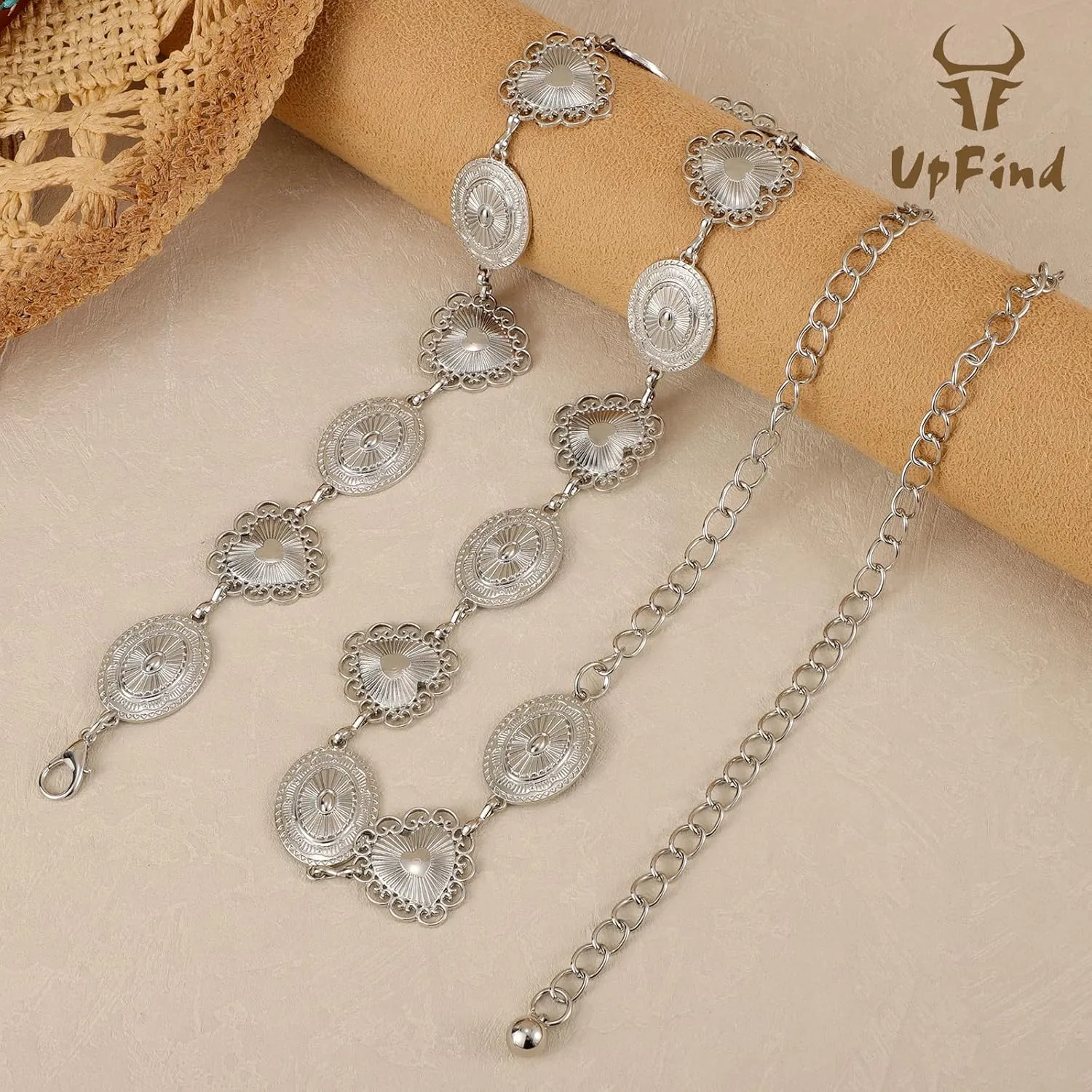Women Western Metal Chain Belt Concho Belt Cowgirl Waist Link for Jeans Dresses Concert Boho
