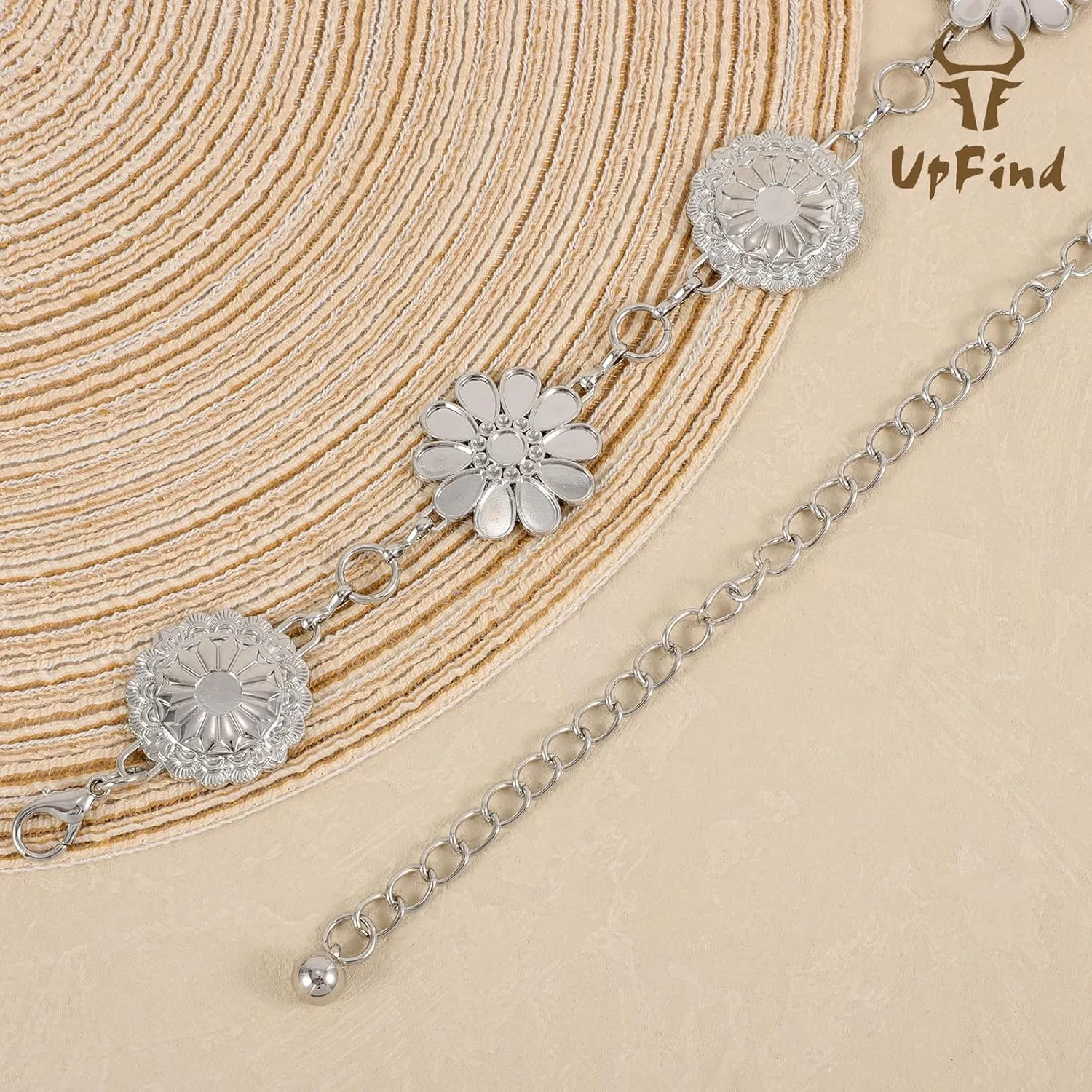 Women Western Metal Chain Belt Concho Belt Cowgirl Waist Link for Jeans Dresses Concert Boho