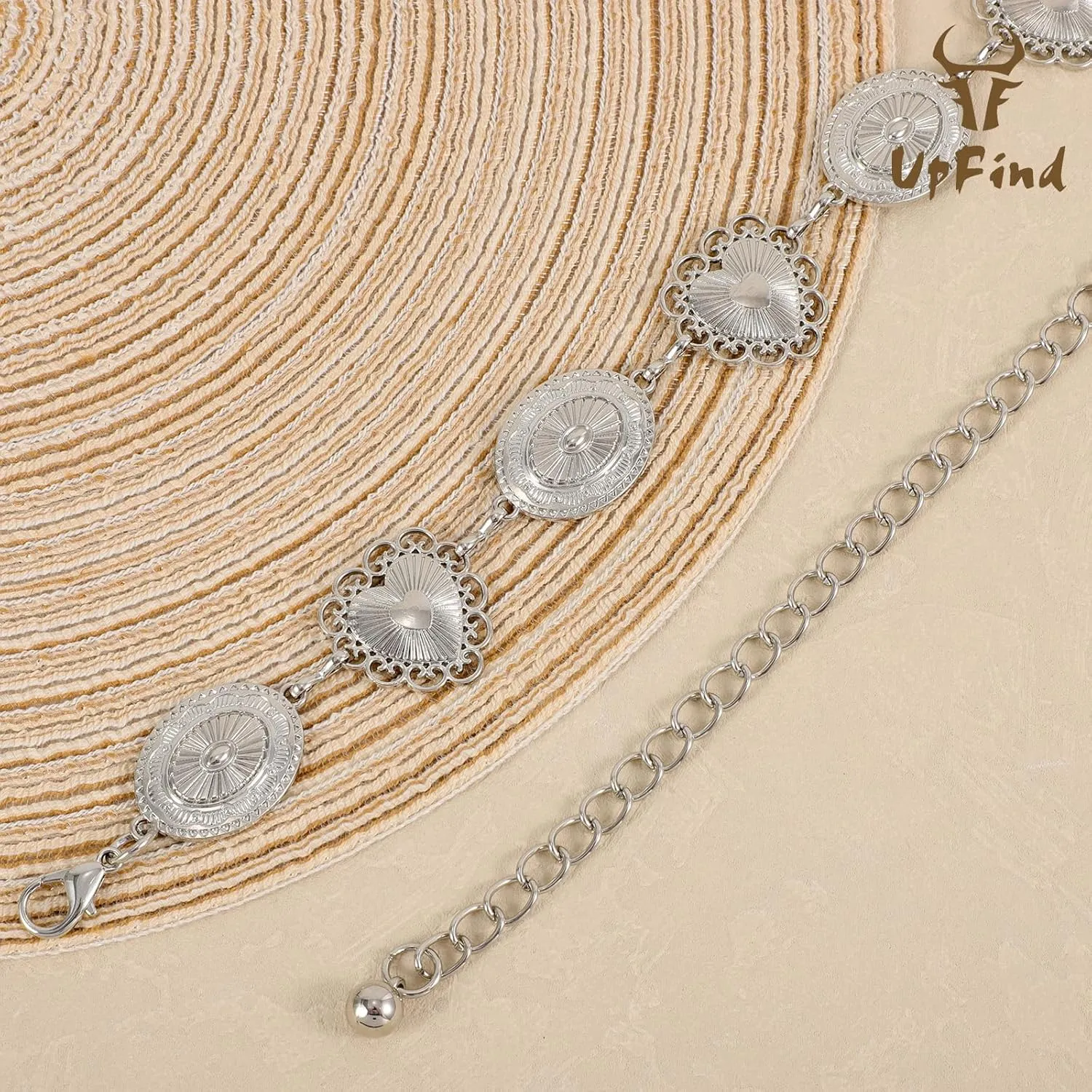 Women Western Metal Chain Belt Concho Belt Cowgirl Waist Link for Jeans Dresses Concert Boho