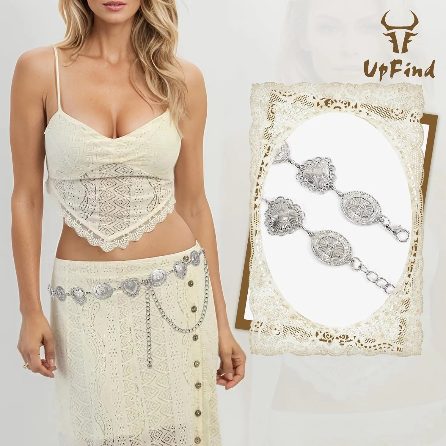 Women Western Metal Chain Belt Concho Belt Cowgirl Waist Link for Jeans Dresses Concert Boho