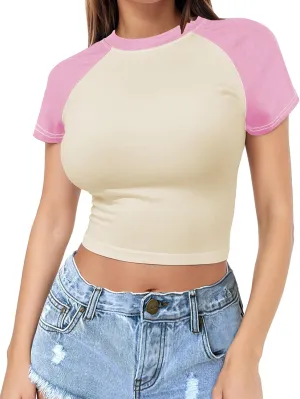 Womens Short Sleeve Crop Top Crew Neck Y2K Shirt Sexy Slim Fitted Casual Base Layer Soft Workout Shirt Going Out Tops